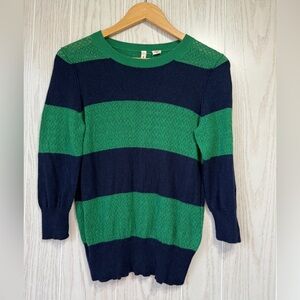 Moth Anthropologie Navy Blue Green Striped Eyelet Pointelle Sweater Small M EUC
